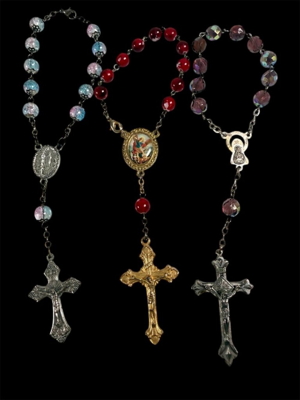 Vintage Cross Pendant Rosary Beads Bracelet Lot of 3 Made in Italy